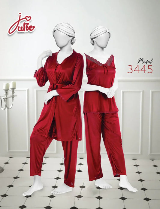 Basic 3 Pcs Nighty with Gown and Inner Suit Soft Silk