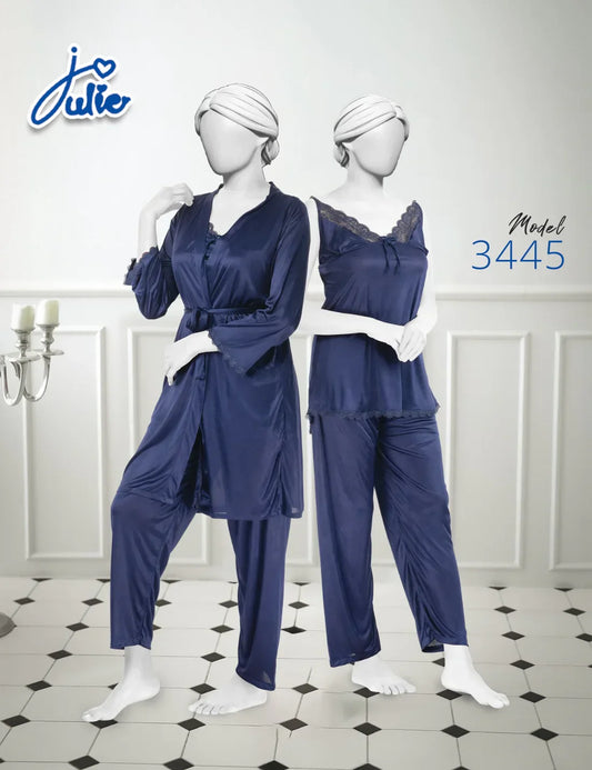 Basic 3 Pcs Nighty with Gown and Inner Suit Soft Silk